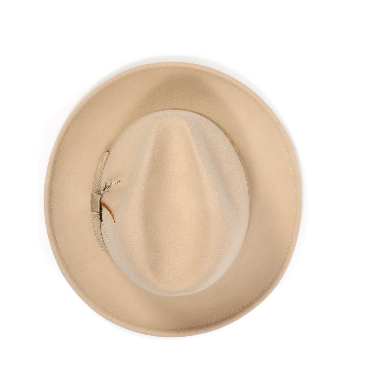 Beige H-60 wool felt fedora by Montique - top view of pinch crown and brim
