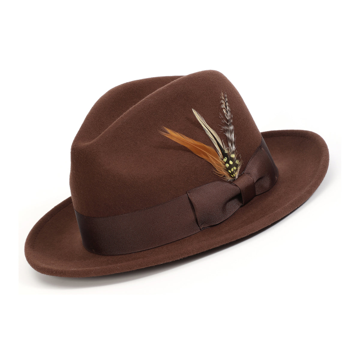 Brown H-60 wool felt fedora by Montique - angled view