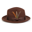 Brown H-60 wool felt fedora by Montique - feather side and grosgrain ribbon
