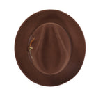 Brown H-60 wool felt fedora by Montique - top view of pinch crown and brim