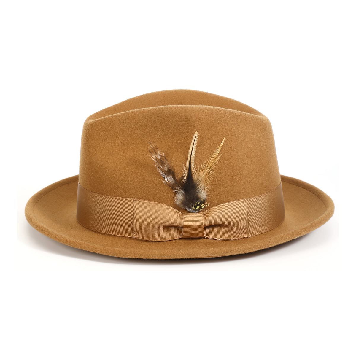 Cappuccino H-60 wool felt fedora by Montique - feather side and grosgrain ribbon