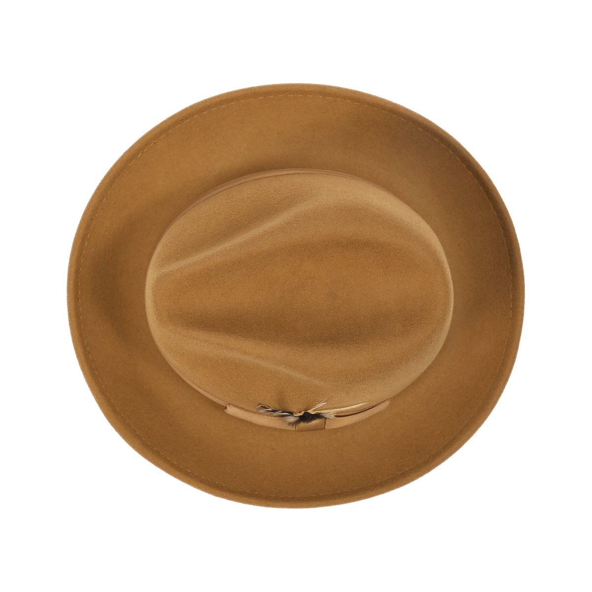 Cappuccino H-60 wool felt fedora by Montique - top view of pinch crown and brim