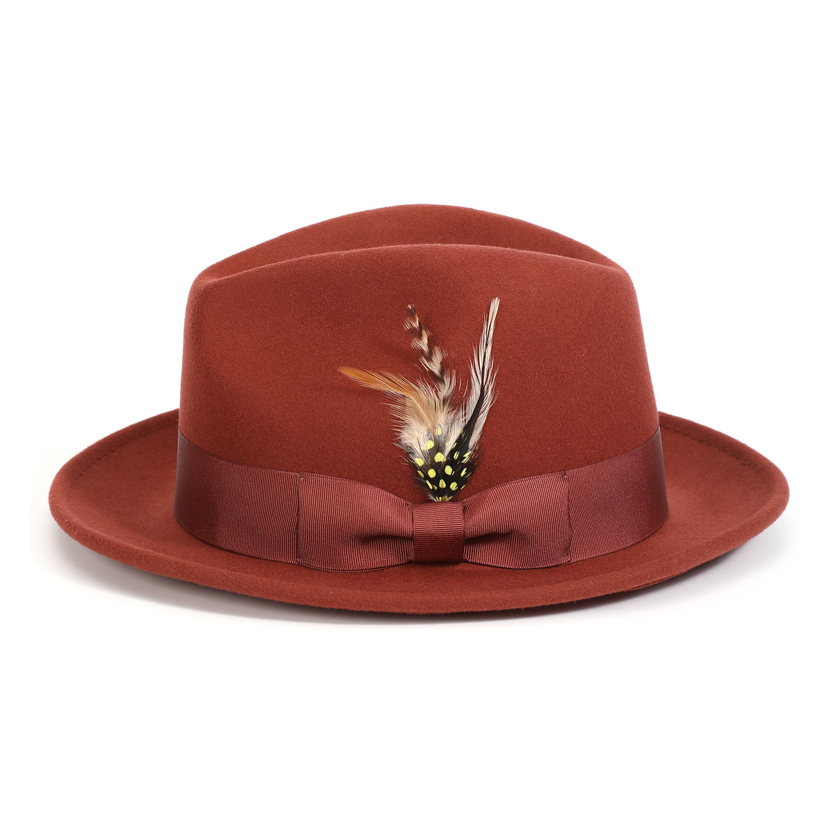 Cognac H-60 wool felt fedora by Montique - feather side and grosgrain ribbon