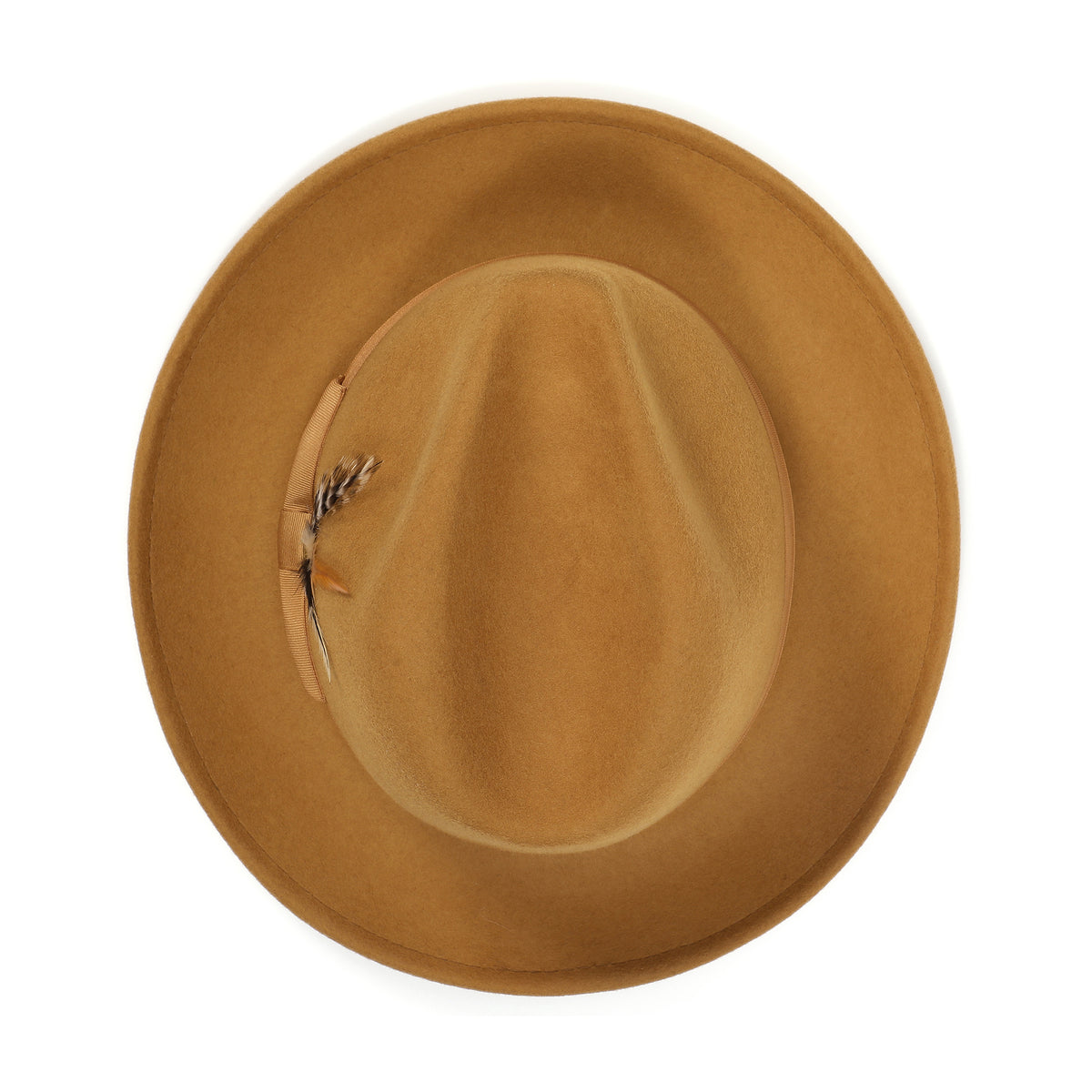 Gold H-60 wool felt fedora by Montique - top view of pinch crown and brim