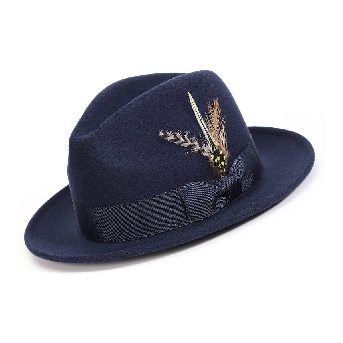 Navy Lightfelt 2 1/2" Wide Brim Wool Felt Pinch Crown Fedora Hat by Montique