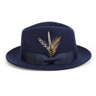 Navy H-60 wool felt fedora by Montique - feather side and grosgrain ribbon