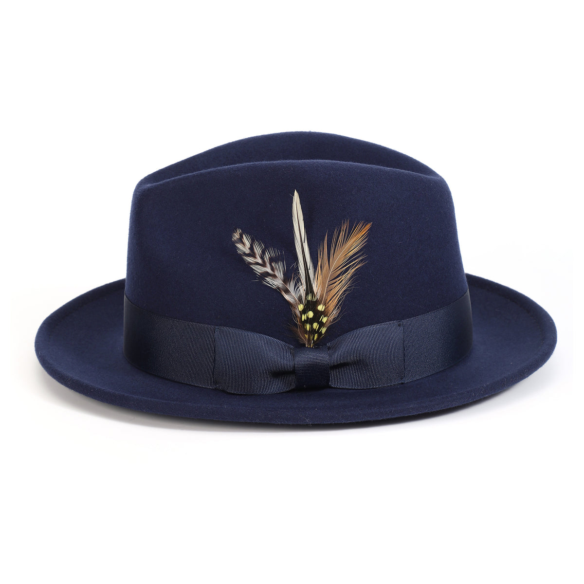 Navy H-60 wool felt fedora by Montique - feather side and grosgrain ribbon