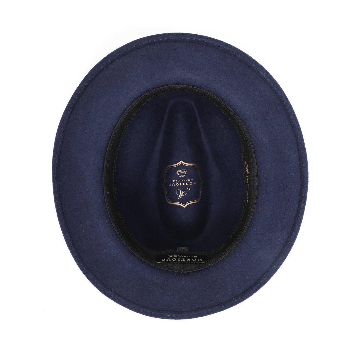 Navy H-60 wool felt fedora by Montique - interior and sweatband