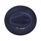 Navy H-60 wool felt fedora by Montique - top view of pinch crown and brim