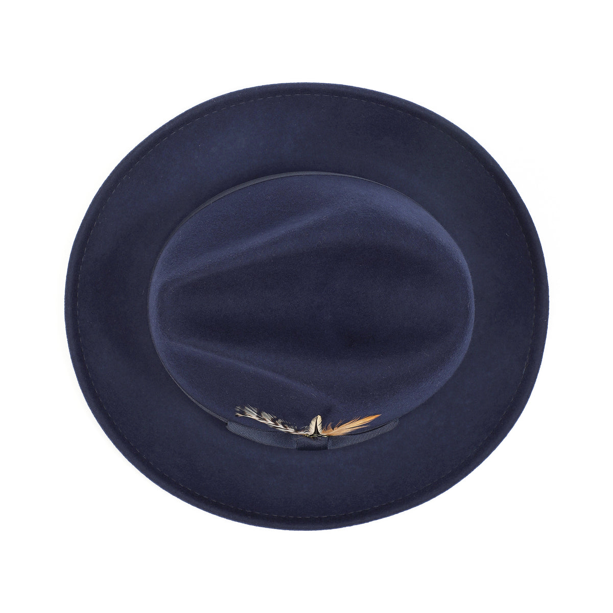 Navy H-60 wool felt fedora by Montique - top view of pinch crown and brim
