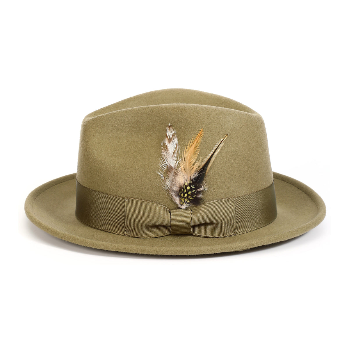 Olive H-60 wool felt fedora by Montique - feather side and grosgrain ribbon