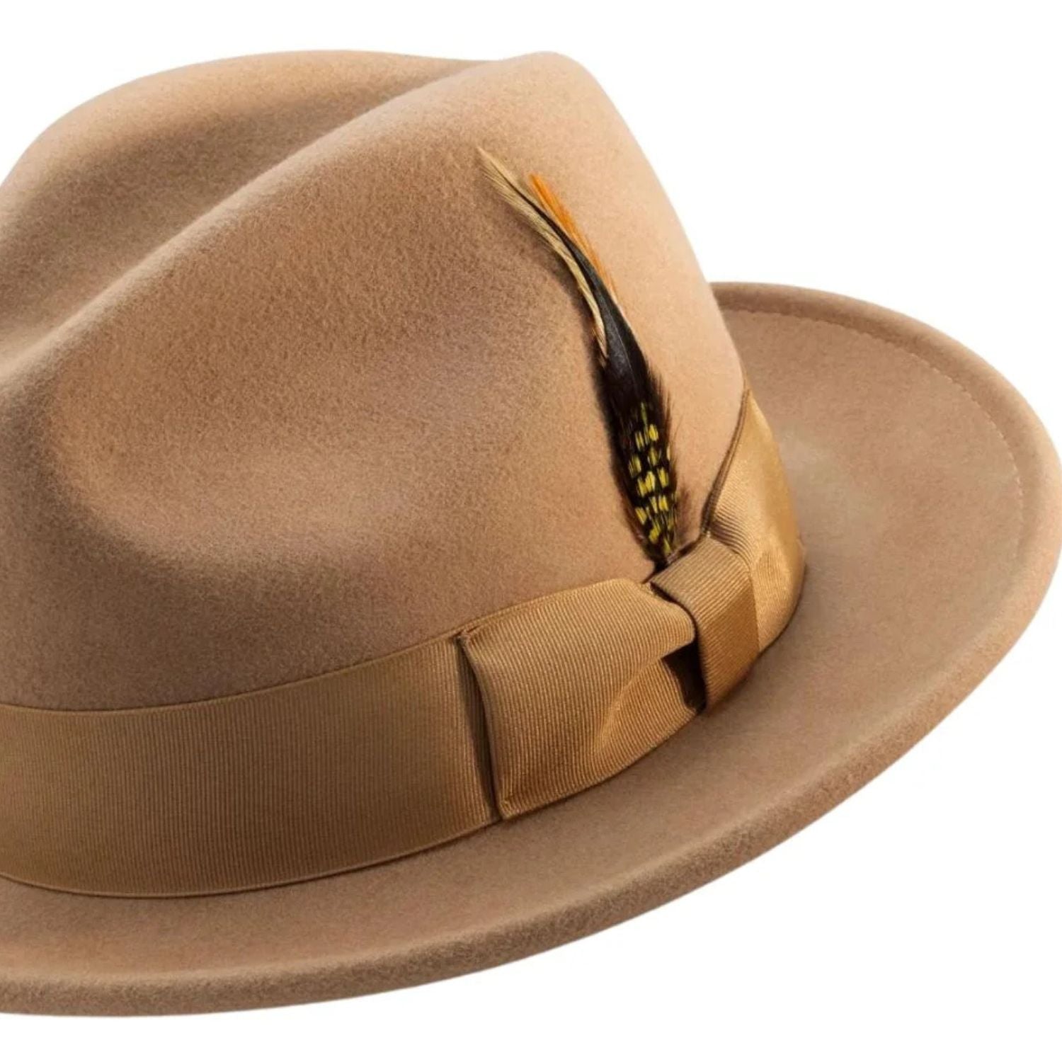 tan felt fedora pinch crown hat with feather detail