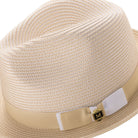Side view of beige two tone stingy brim fedora hat with ribbon band