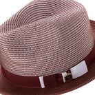 Side view of burgundy two tone stingy brim fedora hat with ribbon band