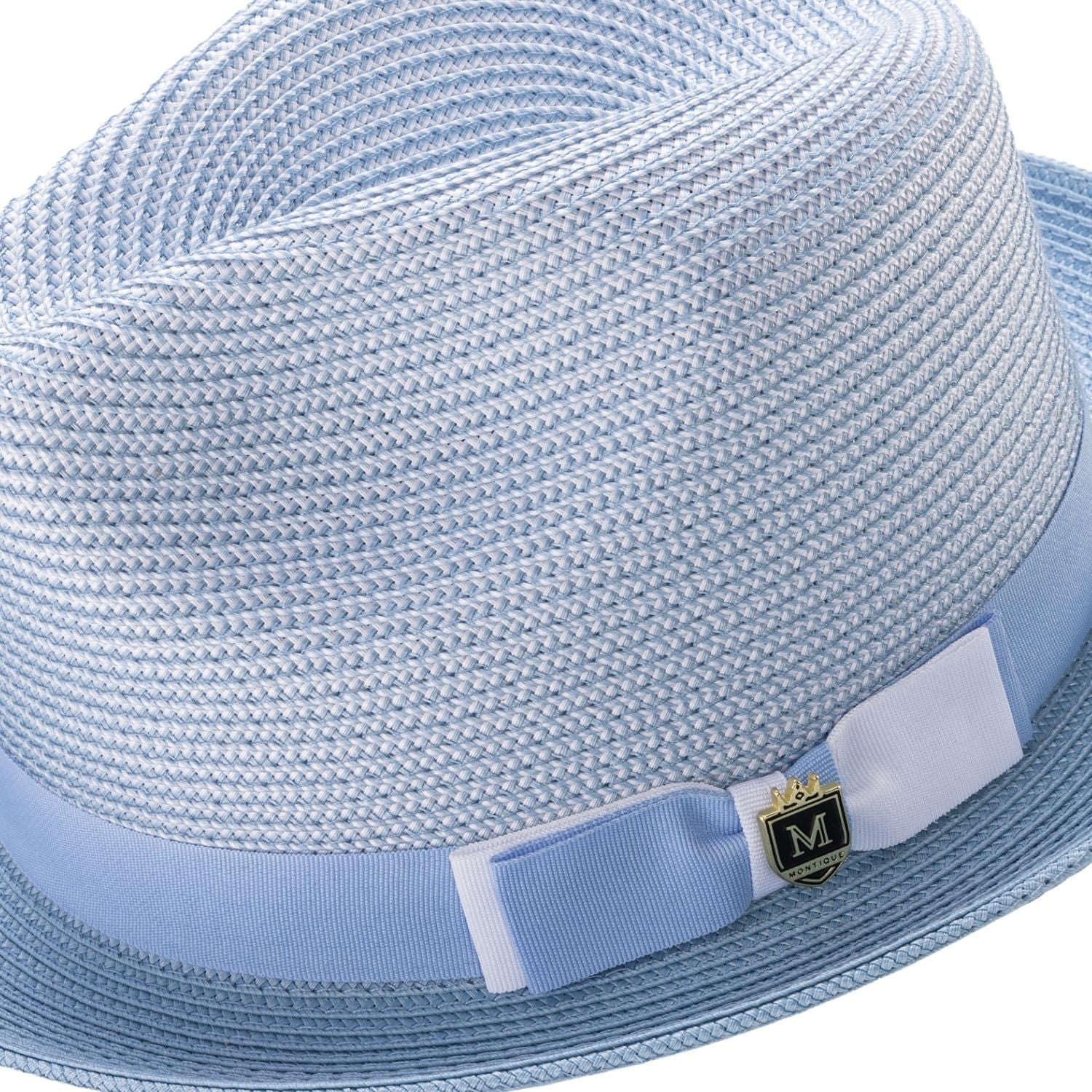 Side view of carolina two tone stingy brim fedora hat with ribbon band