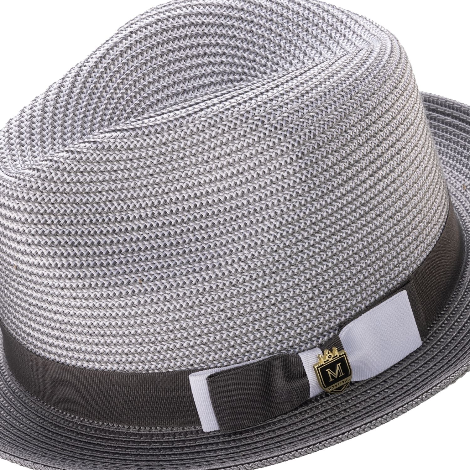 Side view of grey two tone stingy brim fedora hat with ribbon band