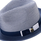 Side view of navy two tone stingy brim fedora hat with ribbon band