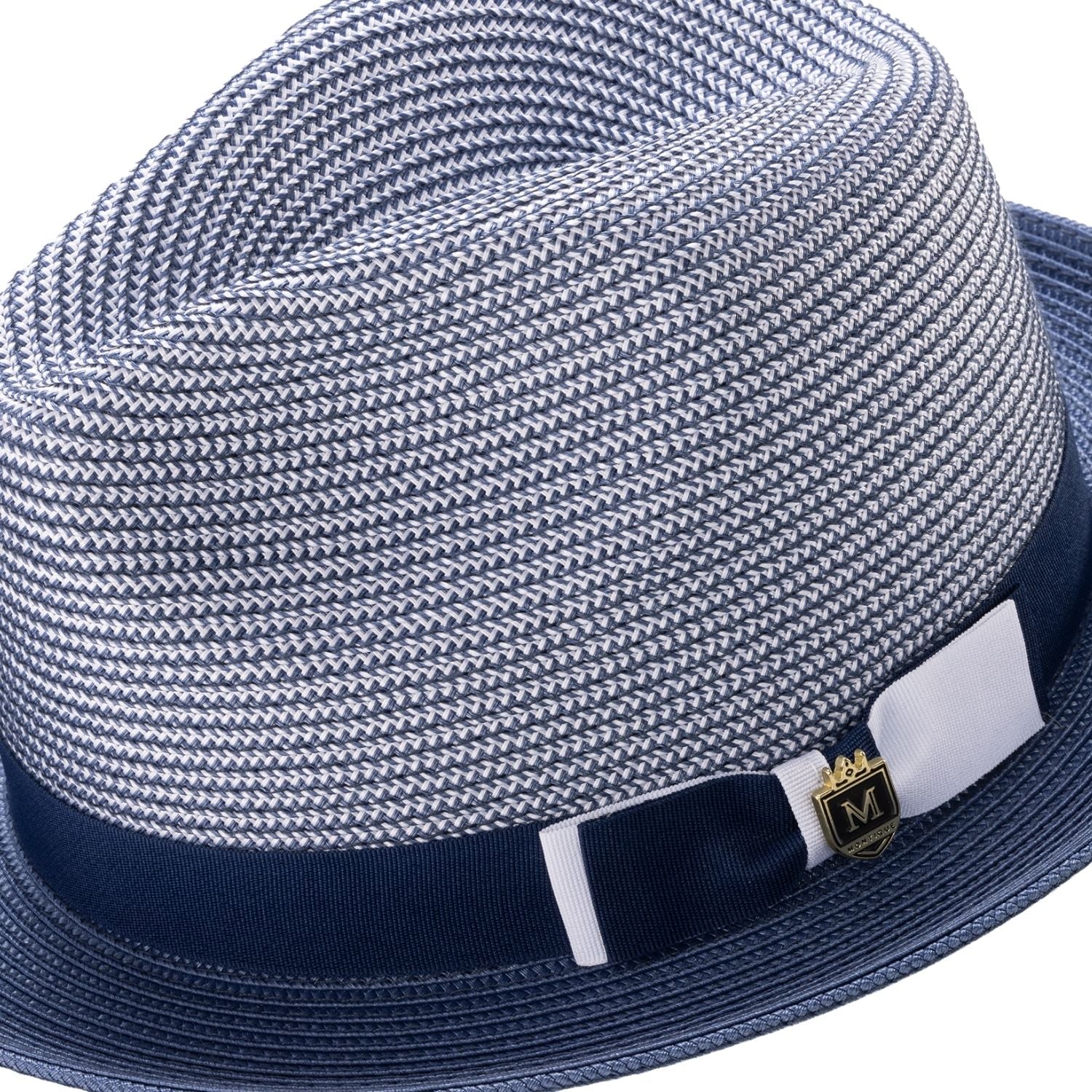 Side view of navy two tone stingy brim fedora hat with ribbon band