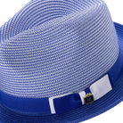 Side view of royal blue braided fedora with ribbon band and pinch crown