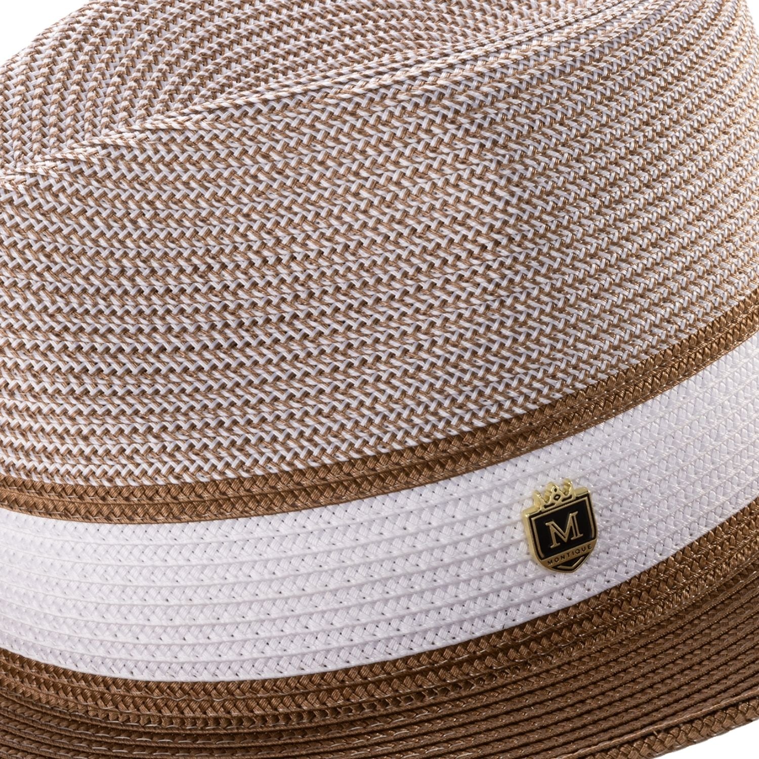 Close up of cappuccino wide brim straw fedora hat pinch crown
