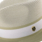Close up of mint wide brim straw fedora hat pinch crown