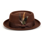 Brown H-88 wool felt pork pie hat by Montique - front view with feather accent