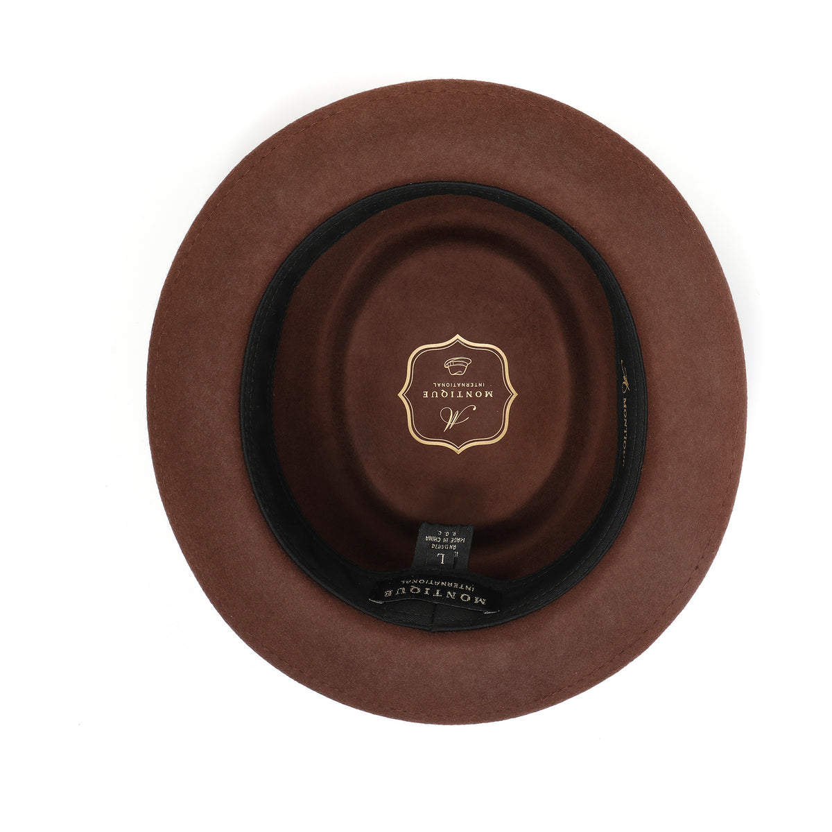 Brown H-88 wool felt pork pie hat by Montique - interior view with sweatband