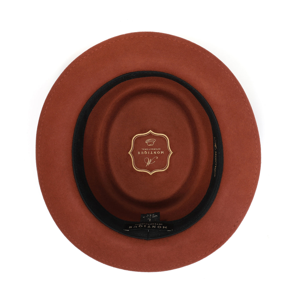Cognac H-88 wool felt pork pie hat by Montique - interior view with sweatband
