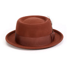 Cognac H-88 wool felt pork pie hat by Montique - rear view of telescope crown and matching band