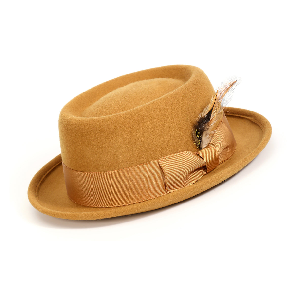 Gold Pork Pie Wool Felt Hat with Feather Accent by Montique