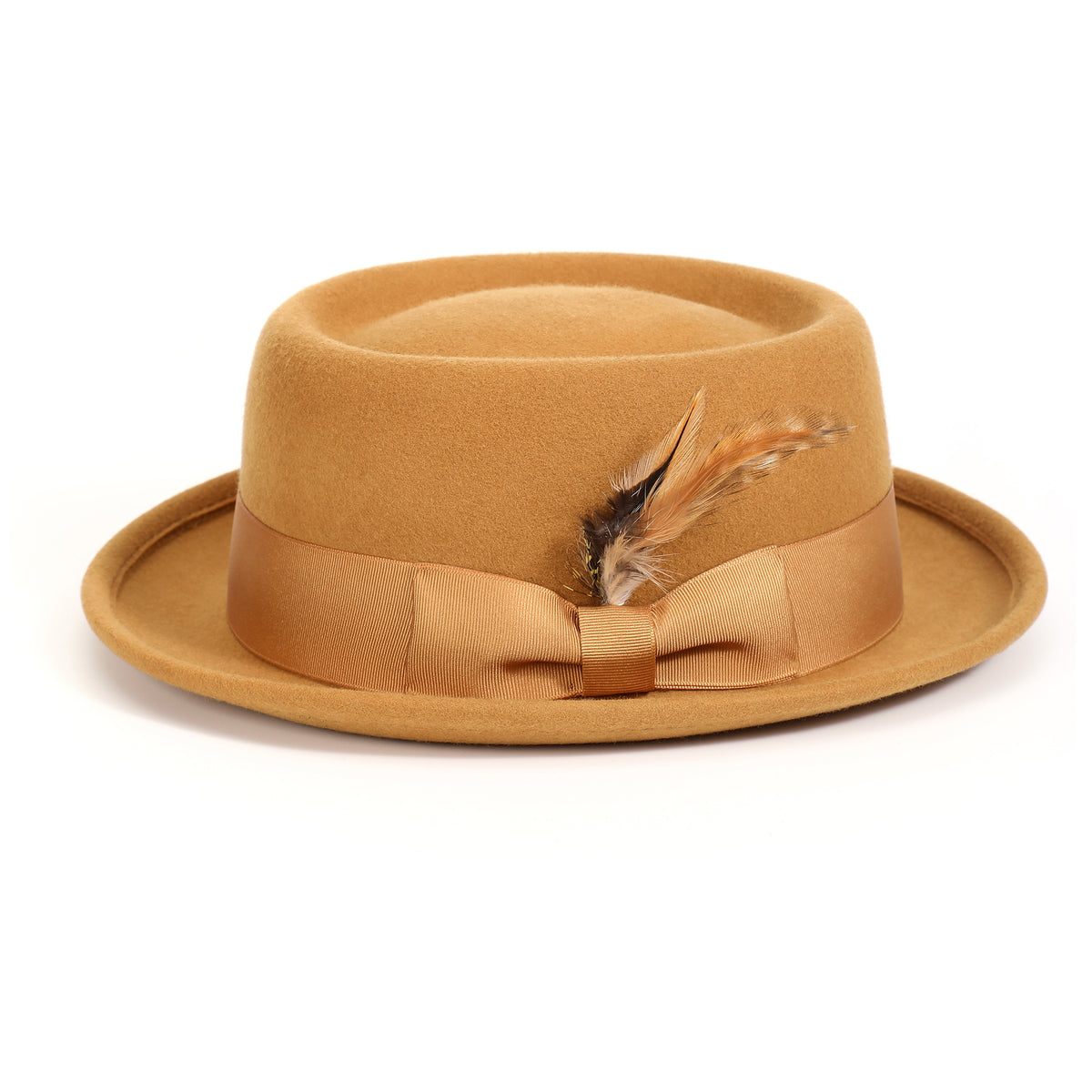 Gold H-88 wool felt pork pie hat by Montique - front view with feather accent