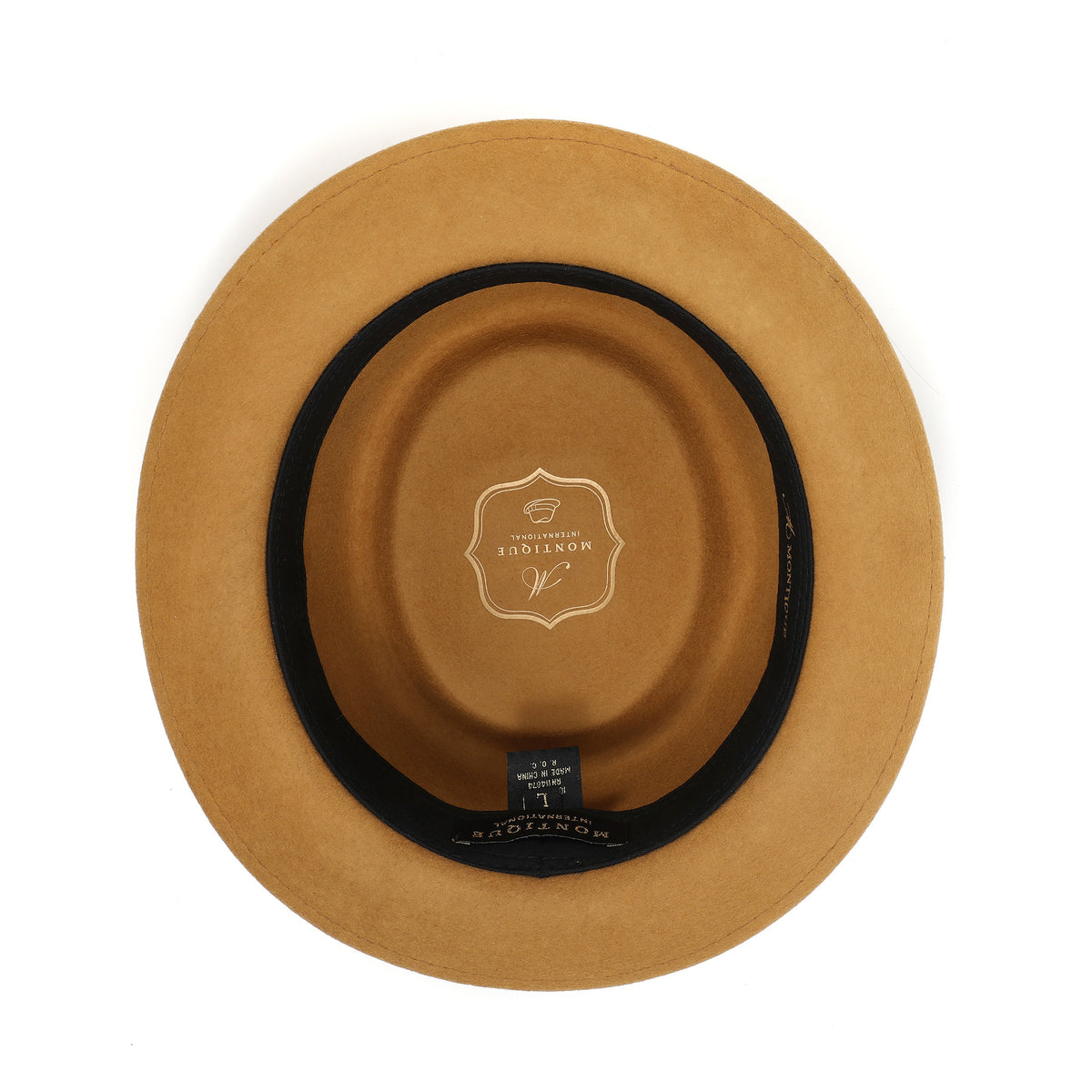 Gold H-88 wool felt pork pie hat by Montique - interior view with sweatband