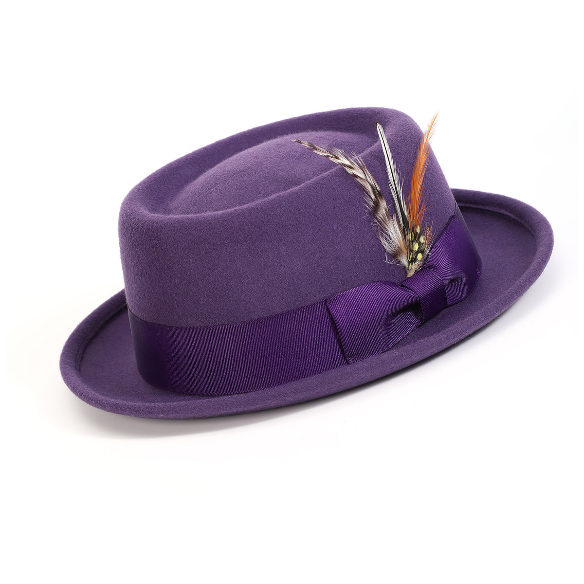 Grape H-88 wool felt pork pie hat by Montique - angled view with feather accent and short brim