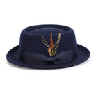 Navy H-88 wool felt pork pie hat by Montique - front view with feather accent