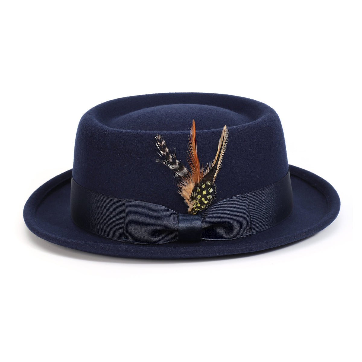 Navy H-88 wool felt pork pie hat by Montique - front view with feather accent