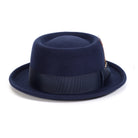 Navy H-88 wool felt pork pie hat by Montique - rear view of telescope crown and matching band