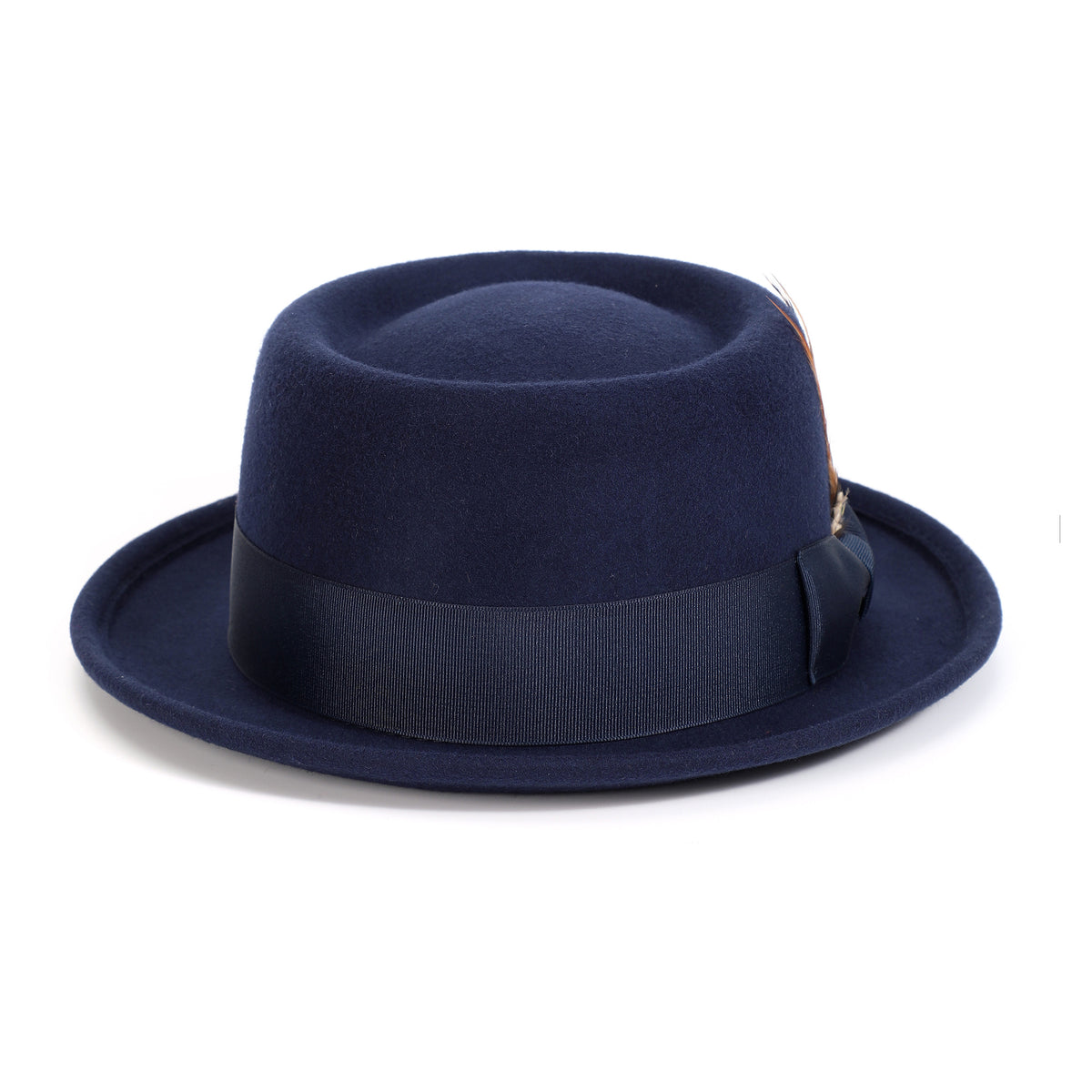 Navy H-88 wool felt pork pie hat by Montique - rear view of telescope crown and matching band