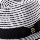 Side view of black striped fedora hat with ribbon band and 2 1/4 inch brim