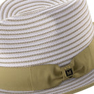 and white striped fedora hat with olive ribbon band and Montique pin