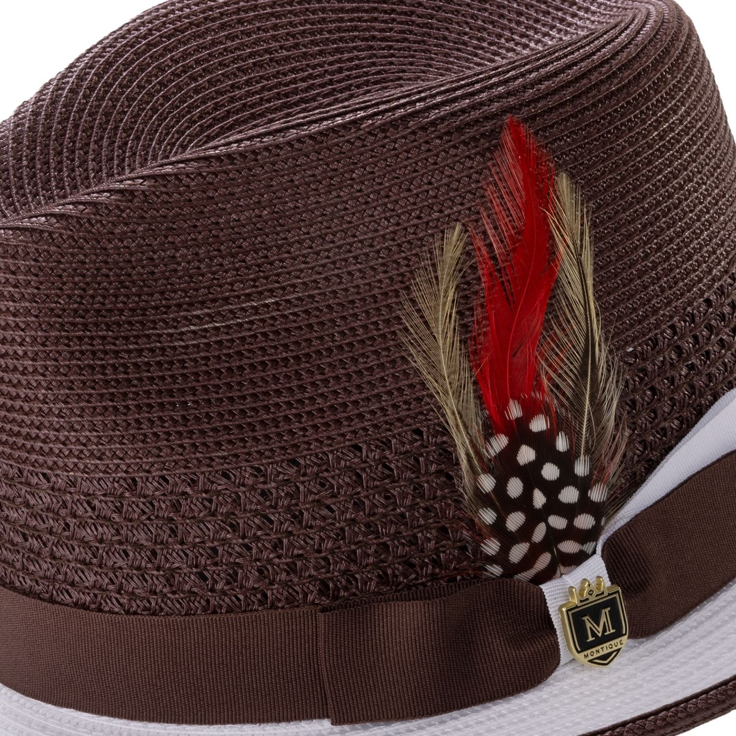 fedora ribbon band feather detail brown white hat