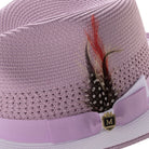 fedora ribbon band feather detail lavender and white hat