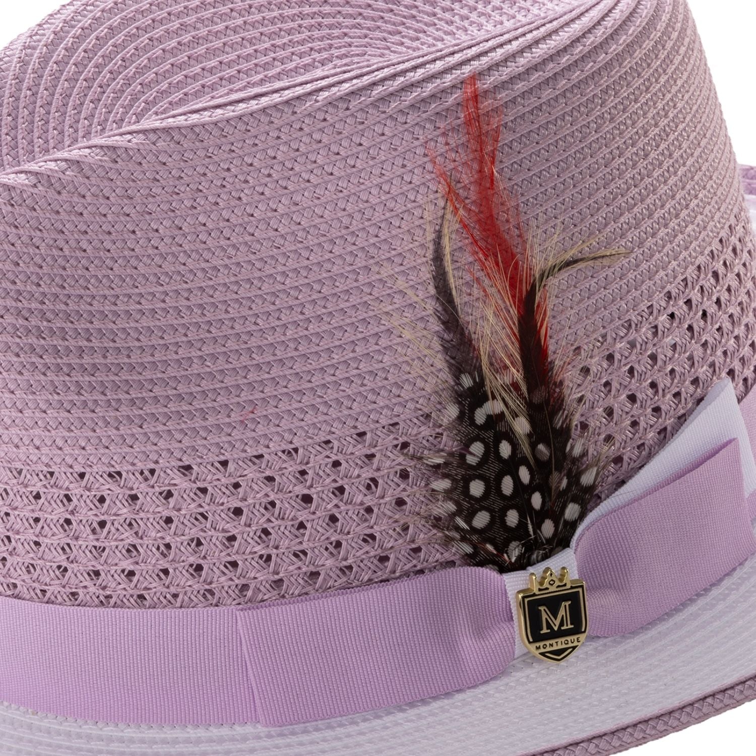 fedora ribbon band feather detail lavender and white hat