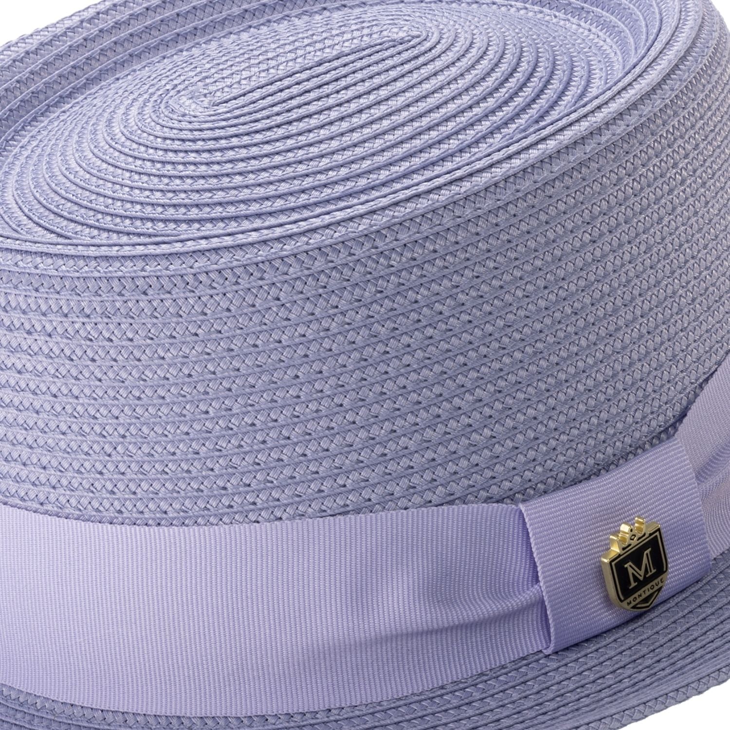 Close-up lilac hat band with bow detail