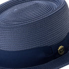 Close-up navy hat band and crest pin.