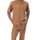 cappuccino linen look textured walking suit shirt