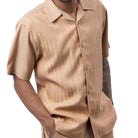 Beige cable knit design men's walking suit short sleeve 2-piece set with matching pants