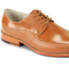 Side profile of tan embossed leather moc toe dress shoes with lace-up closure