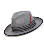 Halcyon Collection: Montique Grey Wool Felt Fedora with Striped Ribbon Band