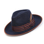 Halcyon Collection: Montique Navy Wool Felt Fedora with Striped Ribbon Band