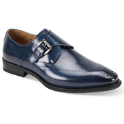 Blue Medallion Toe Single Monk Strap Leather Dress Shoes